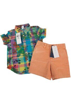Ralph Lauren Baby Boys Tropical Plaid Shirt & Peach Chino Shorts Set 18M 2-Piece